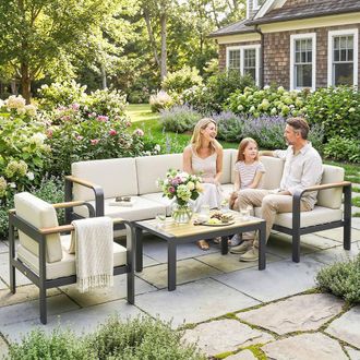 OUTSUNNY Garden Furniture Set with L-Shaped Sofa, Armchair & Table in Beige