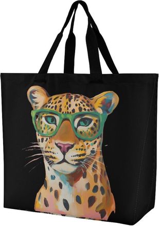 Generic Leopard Wearing Green Glasses Tote Bag Reusable Grocery Shopping Bags Large Travel One Shoulder Handbag for Picnic Work