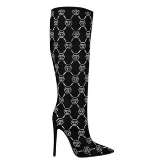 Philipp Plein Satijnen Laarzen Hoge Hakken Midden Strass Monogram - Dames - Laarzen met Hak - Zwart - 36 EU - Satijn - Schoenen