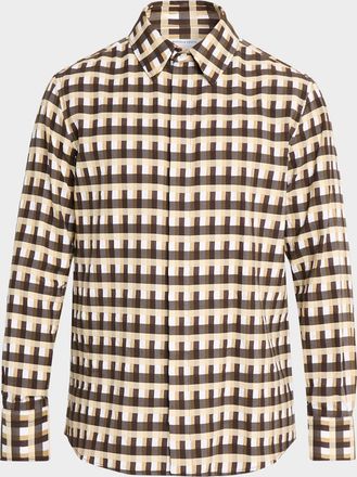Bottega Veneta Mens Cotton 3D Check-Print Button-Down Shirt