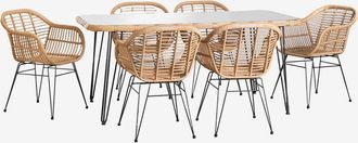 Sklum Set De Mesa Rectangular En Mimbre Sint&eacute;tico (180x90 Cm) Leribert Y 6 Sillas De Comedor En Mimbre Sint&eacute;tico Zole Sklum