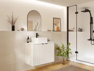 Vente-Unique Mobile sotto lavabo sospeso scanalato con piano di appoggio 80 cm Bianco - PARMIZA