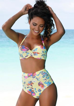Sunseeker Highwaist-Bikini-Hose SUNSEEKER Jam, Damen, Gr. 34, N-Gr, bunt (gelb, bunt), Microfaser, bedruckt, floral, Badehosen Highwaist-Bikini-Hose, h&ouml;her gesc