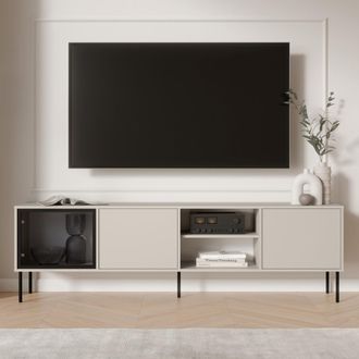Dmora Mueble Para Televisor Fiuggi, Un Estante, 3 Puertas, Puerta Con Vidrio, 200x40x60h Cm Beige