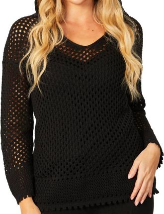 French Kyss V-Neck Crochet Hoodie In Black