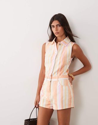 Miss Selfridge playsuit in denim senza maniche con dettagli di cucitura a righe-Multicolore