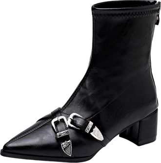 Generic Ladies Mid Calf Boots Chunky Heel Stylish Short Booties Pointed Toe Buckle Solid Color Back Zipper Comfortable Ankle Boots Casual Daily