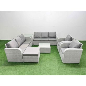 Fimous Pe Rattan High Back Lounge Sofa Set Patio Square Coffee Table & Chairs Set with 3 Seater Sofa Reclining Chair Big Footstool Side Table Light Grey