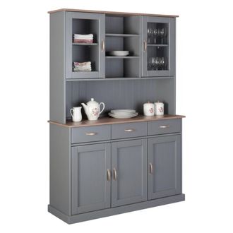Dmora Dmora Aparador Con 3 Puertas Cerradas, 2 Vitrinas Y 3 Cajones, En Pino Macizo Pintado Gris Con Tapa Y Acabados Marrones, 131x45x191 Cm, Con Embalaje R