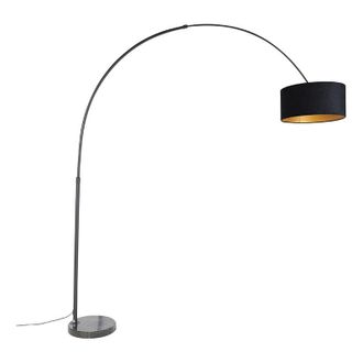 QAZQA Qazqa + Moderno L&aacute;mpara De Arco Negra Con Pantalla De Terciopelo Negro Con Dorado 50 Cm - Xxl Acero /m&aacute;rmol /textil Alargada /cil&iacute;ndra /redonda Adecua
