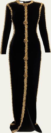 Balmain Long-Sleeve Beaded Velvet Maxi Dress
