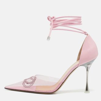 Mach & Mach Pink Leather And Pvc Crystal Embellished Bow Ankle Tie Pumps