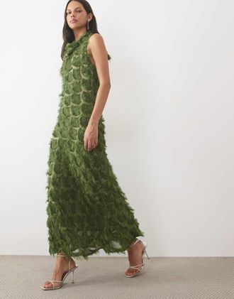 Vero Moda vestito lungo accollato con texture effetto piume verde erba cipollina