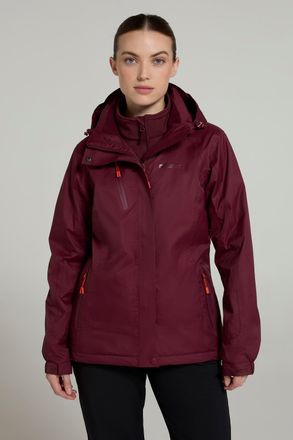 Mountain Warehouse Bracken Womens Extreme 3 in 1 Waterproof Jacket Warm Inner Fleece Winter Coat Burgundy Polyamide - Size 18 UK