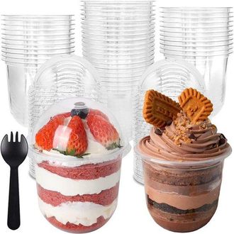 No Brand Juego De 50 Vasos Transparentes Para Postres Con Tapa Abovedada Y Tenedores - Vasos De Pl&aacute;stico De 360 Ml Para Helados Y Pasteles, Ideales Para Fiesta
