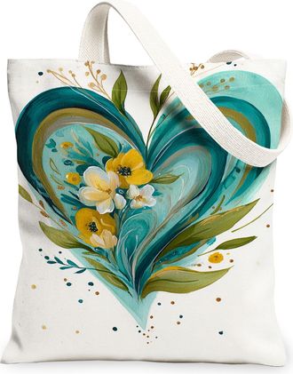 Generic Floral Heart Canvas Tote Bags, Artistic Flower Pattern Reusable Grocery Bags, Vintage Lightweight Washable Shoulder Strap C, White, 13x15 Inch
