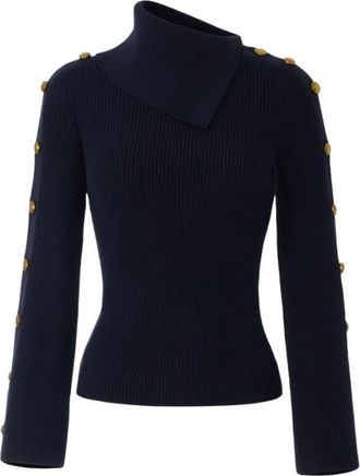 Elisabetta Franchi Pullover met Juweelknopen - Dames - Coltruien - Blauw - M - Polyester - Truien & Vesten