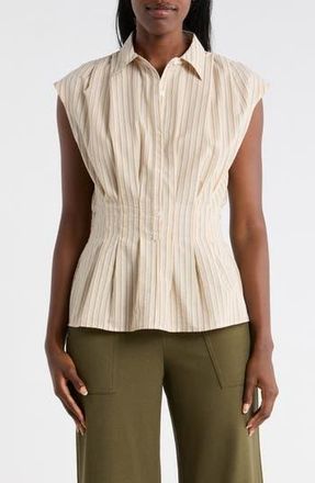 Max Studio Pinstripe Pleated Sleeveless Shirt in Neutral Shadow Stripe at Nordstrom Rack, Size X-Small