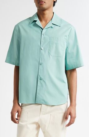 Versace Coral Theater Cotton Poplin & Silk Camp Shirt in Sea Green Dark Sea Green at Nordstrom, Size 40 Us