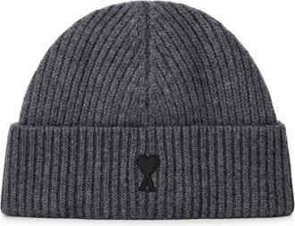 Ami Logo Beanie van zuivere wol - Heren - Hoeden - Grijs - ONE Size - Wol - Accessoires