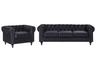 Beliani Set Di Divano E Poltrona Vintage In Tessuto Nero Chesterfield
