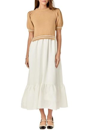 English Factory Mixed Media Midi Dress in Tan/White at Nordstrom, Size Medium