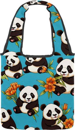 Generic Cute Panda on Blue Reversible Canvas Shoulder Tote - Double-Sided Print, 12oz Cotton, 27cm Drop, Fold-Flat Bag for Travel, Shopping, Street Outings
