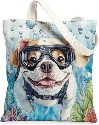 Generic Pop Art Poodle Dog Canvas Tote Bag for Shopping 13x15, Ocean Sea Nautical Puppy Reusable Grocery Print Bag for Women, Fun Pet Beach Aesthetic Painting