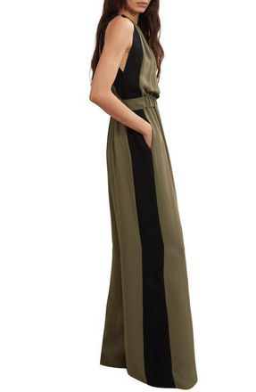 Reiss Inez Drawstring Waist Wide Leg Jumpsuit in Khaki Green/Black at Nordstrom, Size 2 Us