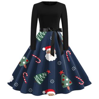 Generic Xmas Dresses for Women UK Women Christmas Dresses Adult Long Sleeve A-Line Cocktail Party Elegant Dress Party Dress Fancy Cute Xmas Printed Dresse