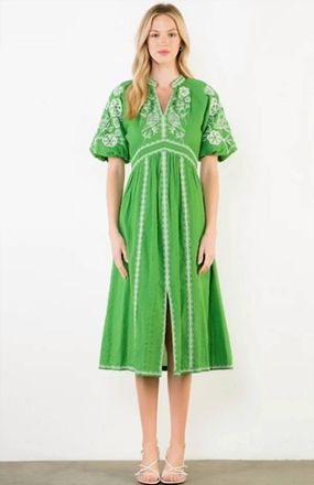 THML Clothing Embroidered Midi Dress In Green