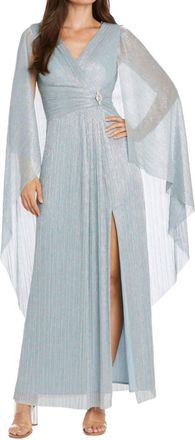 R & M Richards Metallic Chiffon Long Dress With Sheer Cape In Sky