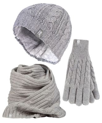 Heat Holders Dames Gebreide Muts Handschoen & Sjaal Set - Lichtgrijs
