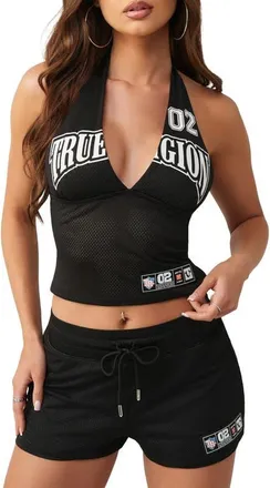 True Religion Sporty Logo Mesh Halter Top in Jet Black at Nordstrom, Size Xx-Large