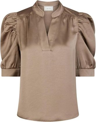Neo Noir Sateen Blouse met Pofmouwen - Dames - Blouses - Bruin - XL - Polyester - Overhemden