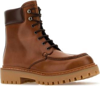 Prada Womens Lug-Sole Leather Ankle Boot Brown Calfskin