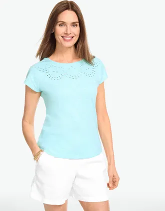 Talbots Plus Size - Eyelet Seashell T-Shirt - Light Turquoise Heather - 1X - 100% Cotton Talbots