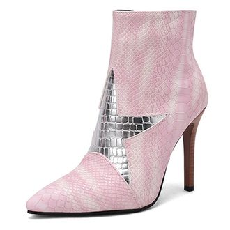 Generic Womens Pointed Toe Stiletto Heel Ankle Boots with Buckle and Zipper Design Patent Leather High Heel Booties for Office & Evening Wear,PinkSnake,4.5 UK