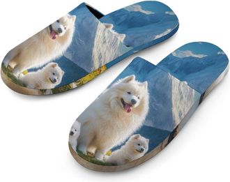 Generic Samoyed Dogs Family Mens Slippers Flannel Warm House Shoes with Rubber Anti-Slip Sole Slip On for Home Outdoor