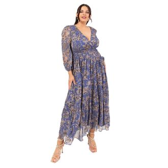 Lovedrobe Womens Ladies Maxi Dress Long Sleeve V-Neck Wrap Front Floral Animal Print Tie-Back A-Line Elasticated Waist Blue 48, Blue, UK 11.5