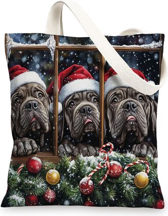 Generic Christmas Neopolitan Mastiff Dog Canvas Tote Bag for Shopping 13x15, Winter Farmhouse Xmas Puppy Reusable Grocery Print Pattern Bag for Women Men, New