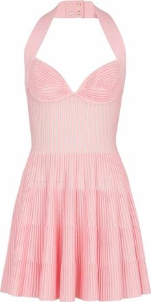 Balmain Getextureerde gebreide halter A-lijn jurk - Dames - Kleedjes - Roze - S - Polyester - Kleedjes