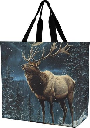 Generic Deer in Winter Moon Reusable Shopping Bags One Shoulder Grocery Tote Bag Waterproof Big Purse for Work Travel