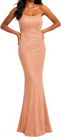 Faviana Crystal Embellished Mesh Long Dress With Lace-Up Back In Rose Gold