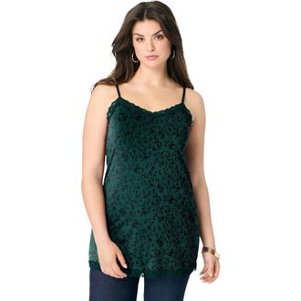 Roaman's Lace Trim Knit Cami With Adjustable Straps in Emerald Ditsy Vines at Nordstrom, Size 12