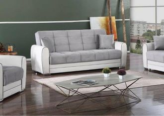 Dmora Sof&aacute; Cama Dgirou, Sof&aacute; Cama Contenedor De 3 Plazas En Ecopiel Y Tela, Sof&aacute; De Sal&oacute;n En Tela Acolchada Con Apertura Clic-clac, 220x84h91 Cm, Blanco Y G