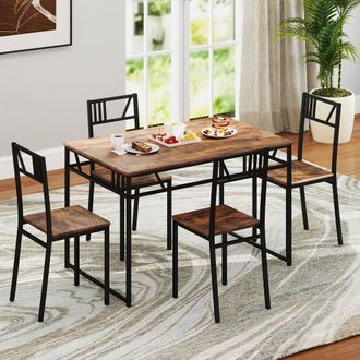 Costway Costway 5 Pcs Dining Table Set Industrial-Style Kitchen Table & 4 Chairs in Brown