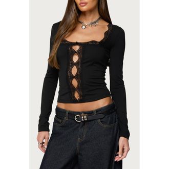 Edikted Zeya Cutout Sheer Lace Trim Top in Black at Nordstrom, Size X-Large