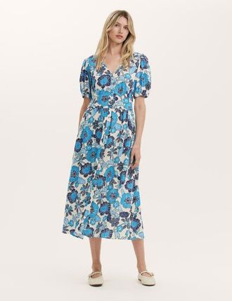 Finery Addison Floral Linen Blend Midi Dress in Blue Flower at Nordstrom, Size 12