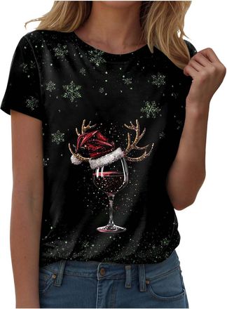 Generic Womens Ladies Christmas T Shirt Xmas Tree Reindeer Print Blouse Short Sleeve Shirt Snowflakes Tshirt Novelty Pullover Ugly Christmas Sweatshirt Round 